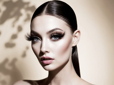 beautiful fashionable luxury makeup long eyelashes perfect girl face.