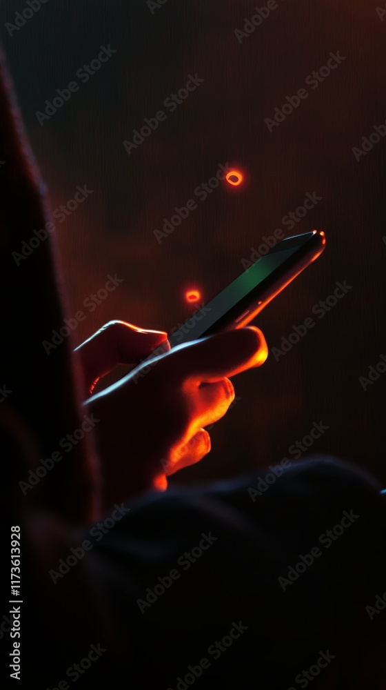 Poster hands holding smartphone with social media notification icons floating above, illuminated by warm or