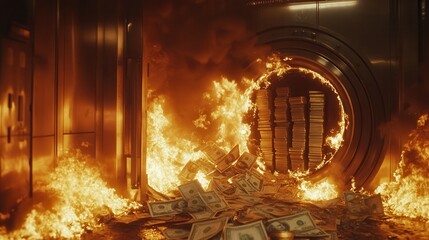 Obraz premium Intense bank vault fire with flames engulfing cash and gold bars.