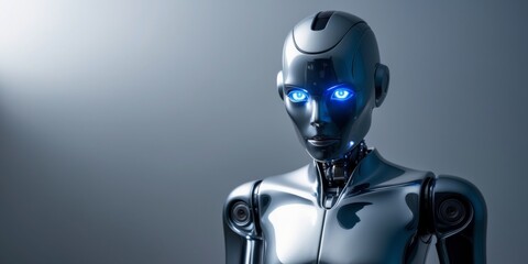 Futuristic silver robot with blue eyes on gray background.