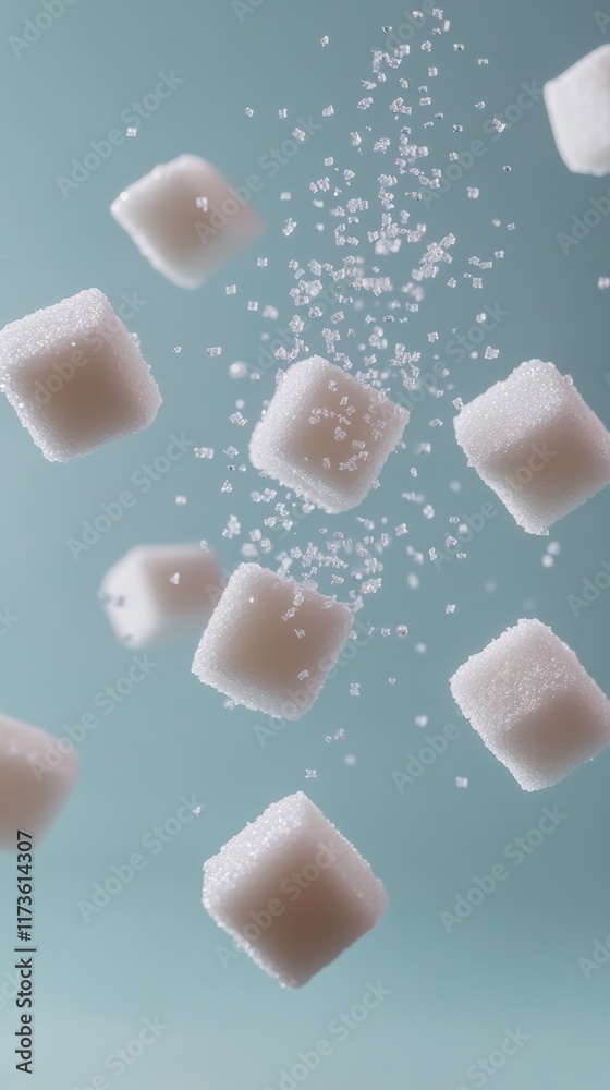 Poster falling sugar cubes and granulated particles on light blue background represent unhealthy sugar cons