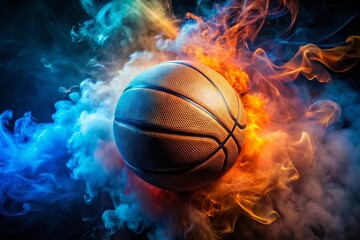 Fototapeta premium Vibrant Basketball in Blue & Orange Smoke - Candid Action Shot