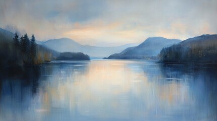 Fototapeta premium Serene lakeside landscape at dawn, misty mountains and calm water reflecting the sky.