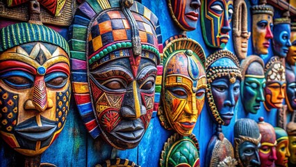 Vibrant Blue African Tribal Mask Wall Hanging, Intricate Detail, Drone Aerial View