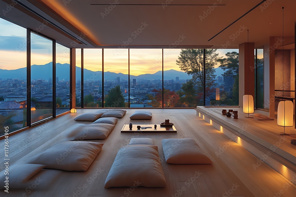 Wall mural Serene minimalist zen room with city sunset view.