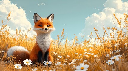 Cute red fox sitting in a sunny field of daisies and tall grass.