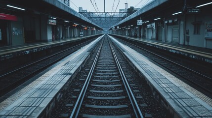 Obraz premium Empty train station platform with converging railway tracks.