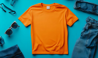 Flat lay of orange t-shirt, jeans, and sunglasses on a blue background.