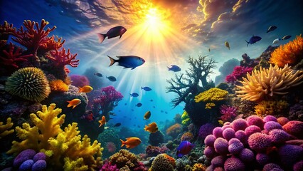 Obraz premium Vibrant Coral Reef Silhouette: Underwater Paradise with Colorful Fish & Sea Life