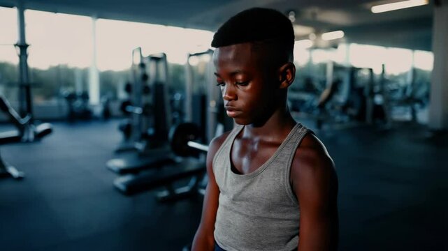 A dedicated young Black male athlete stays concentrated in a gym, preparing for his rigorous training session