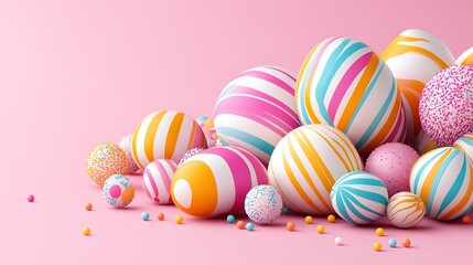 Obraz premium Colorful Striped Easter Eggs and Sprinkles on Pink