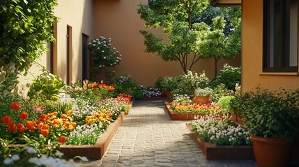 Naklejka premium Sunlit courtyard garden with colorful flowers and stone path.