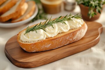 A freshly baked slice of artisan bread topped with creamy, whipped butter, elegantly garnished with a sprig of rosemary.