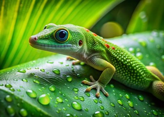 Obraz premium Vibrant Green Gecko on Lush Tropical Leaf - Stock Photo