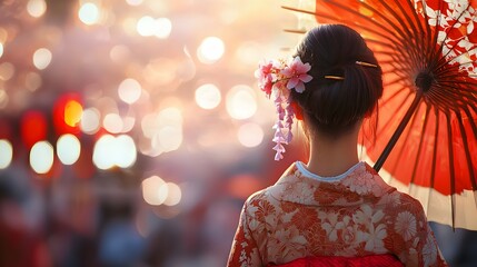 Japanese Coming of Age Day celebration. Woman in ornate kimono with patterned red parasol, back view. Elegance, tradition and transition from youth to maturity on 20th year background with copy space