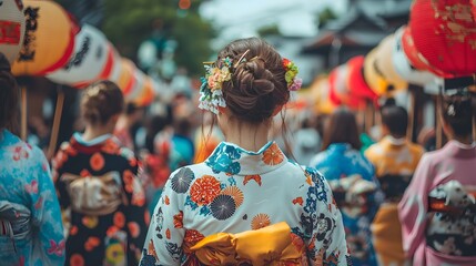 Traditional Coming of Age Day in Japan. Young nice adult girl of 20ths in stunning kimono with floral pattern, back view. Festive occasion of beauty, cultural heritage background and adulthood arrival
