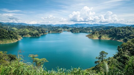 Serene Panoramic View of a Tropical Lake Embraced by Lush Green Mountains under a Blue Sky