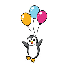 Obraz premium Cute Penguin Flying With Balloons Cartoon Vector Illustration