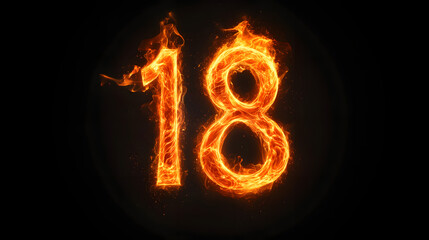 Leuchtende Zahl 18 aus Flammen auf schwarzem Hintergrund