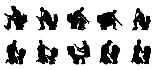man sitting on toilet icon royalty .set of silhouettes of people