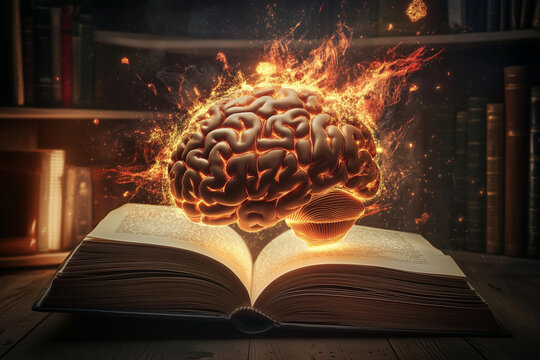 brain is exploding out of an open book. The brain is surrounded by fire and smoke, and the book is open to a page with a large brain on it. The scene is chaotic and intense