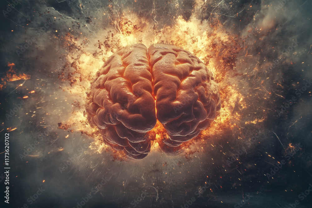Poster brain is exploding in a fiery explosion. the brain is surrounded by a cloud of smoke and debris. the