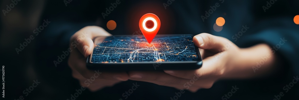 Poster Hands holding smartphone displaying a city map at night with a red location pin hovering above, symbolizing gps navigation and location services