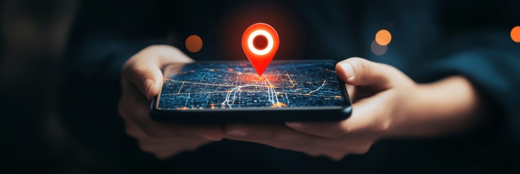 Hands holding smartphone displaying a city map at night with a red location pin hovering above, symbolizing gps navigation and location services