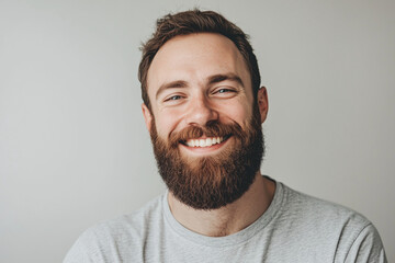 Fototapeta premium man with a beard is smiling and looking at the camera. He is wearing a gray shirt and has a happy expression on his face
