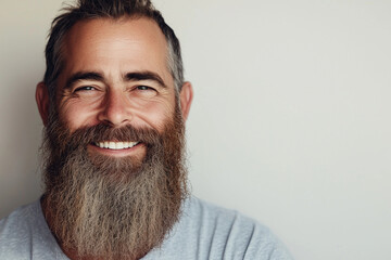 Fototapeta premium man with a beard and a smile on his face. He is wearing a gray shirt. Concept of happiness and confidence