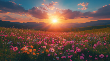 Fototapeta premium Wildflower field under sunset in mountain landscape