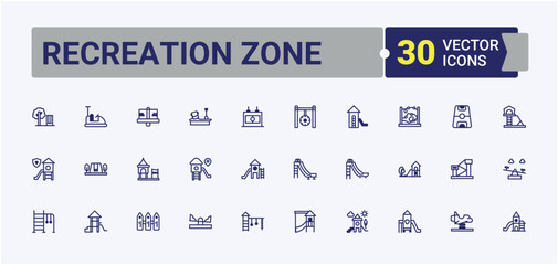 Naklejka premium Set of Recreation Zone line icons. Featuring playground, childhood, school, kindergarten, play and more. Simple line vector. Editable vector icon and illustration.