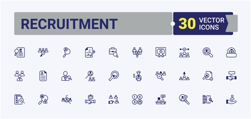 Recruitment modern icons set. Contains such icons as employee, contract, resource, company, partnership, skill and more. Set of line pictogram. Editable vector outline and solid icons.