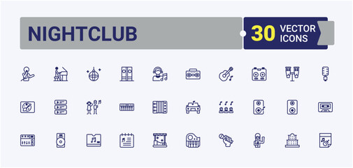 Nightclub linear icon collection. Icons art, margarita, beverage, whiskey, pack, bar. Thin linear style icons. Vector outline and solid icons collection.
