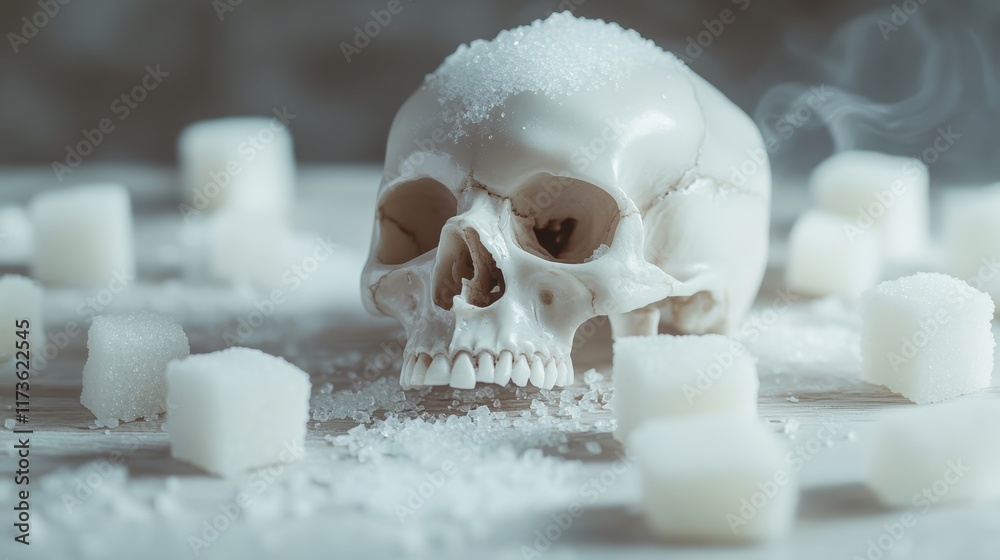 Aufkleber granulated sugar is covering a skull laying on a wooden table surrounded by sugar cubes, creating a 