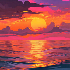 As the sun rises over the horizon on a sunny Miami morning, the panoramic view with the vibrant colors of sunrise casts a warm glow over the sparkling water, creating a breathtaking scene illustration