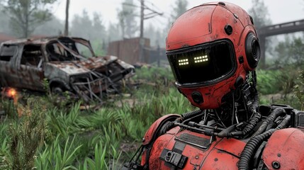 Futuristic Robot in Overgrown Landscape with Abandoned Vehicle