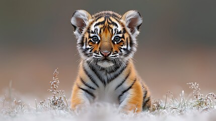Obraz premium Adorable tiger cub sitting in snowy grass, looking directly at the camera.