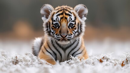 Obraz premium Adorable tiger cub with striking orange and black stripes, sitting on white fluffy surface, looking directly at the camera.
