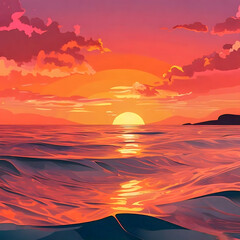 As the sun rises over the horizon on a sunny Miami morning, the panoramic view with the vibrant colors of sunrise casts a warm glow over the sparkling water, creating a breathtaking scene illustration