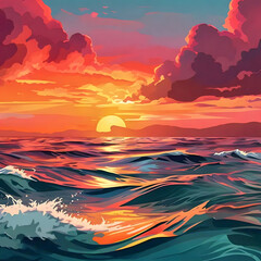 As the sun rises over the horizon on a sunny Miami morning, the panoramic view with the vibrant colors of sunrise casts a warm glow over the sparkling water, creating a breathtaking scene illustration