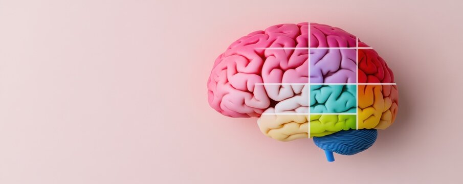 Brain aging concept. Colorful brain illustration on a pink background.
