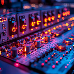 Control panel with glowing lights in a dark studio