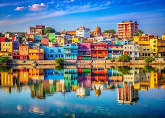 Obraz premium Vibrant Patna City Skyline: Colorful Buildings, Blue Sky Reflections - Stock Photo