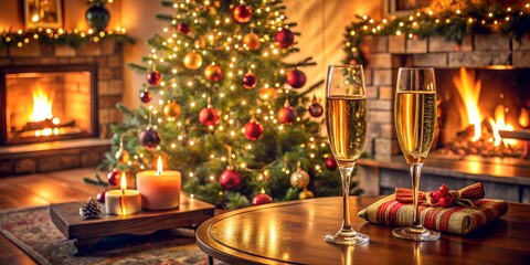 Cozy living room with two glasses of champagne by the fireplace and a beautifully decorated Christmas tree