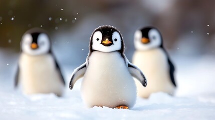 Fototapeta premium Three adorable penguin chicks waddle through snowy landscape.