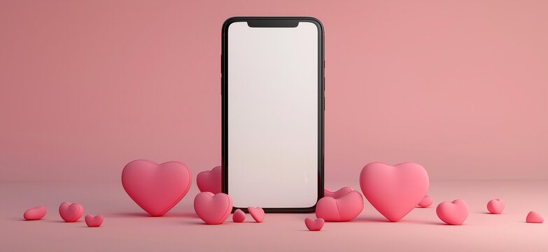 Mobile phone mockup with hearts and pastel pink background. Valentine's day banner with a smartphone with blank screen template - Powered by Adobe