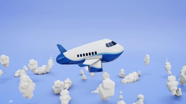 A sleek low-poly 3D airplane soaring through scattered geometric clouds against a blue sky. Perfect for aviation, travel, and adventure-themed designs.