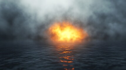 Obraz premium A fiery explosion emerges from fog over a dark, reflective water surface.