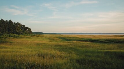 Fototapeta premium Serene coastal grassland landscape at sunset with a calm lake and distant forest.